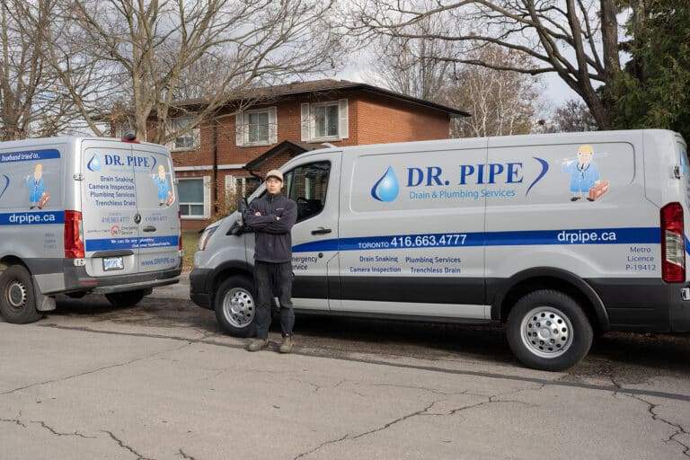 Dr. Pipe technician in front of a service van for cast iron drain pipe repair in Toronto